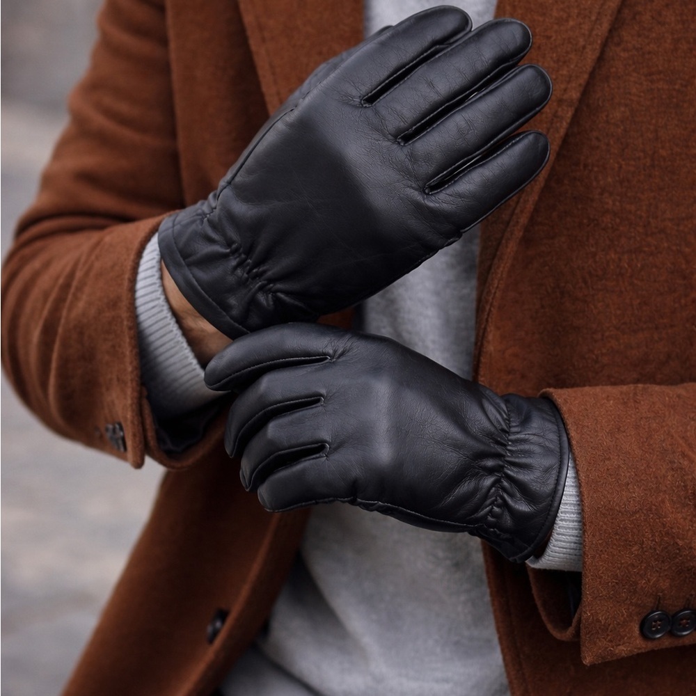 Men’s Black Genuine Leather Gloves – Wool Cashmere Lined S